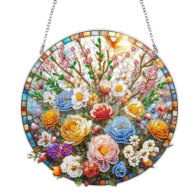 Suncatcher Flowers Stained Glass Colorful Diamond Painting Hanging Pendant Decor