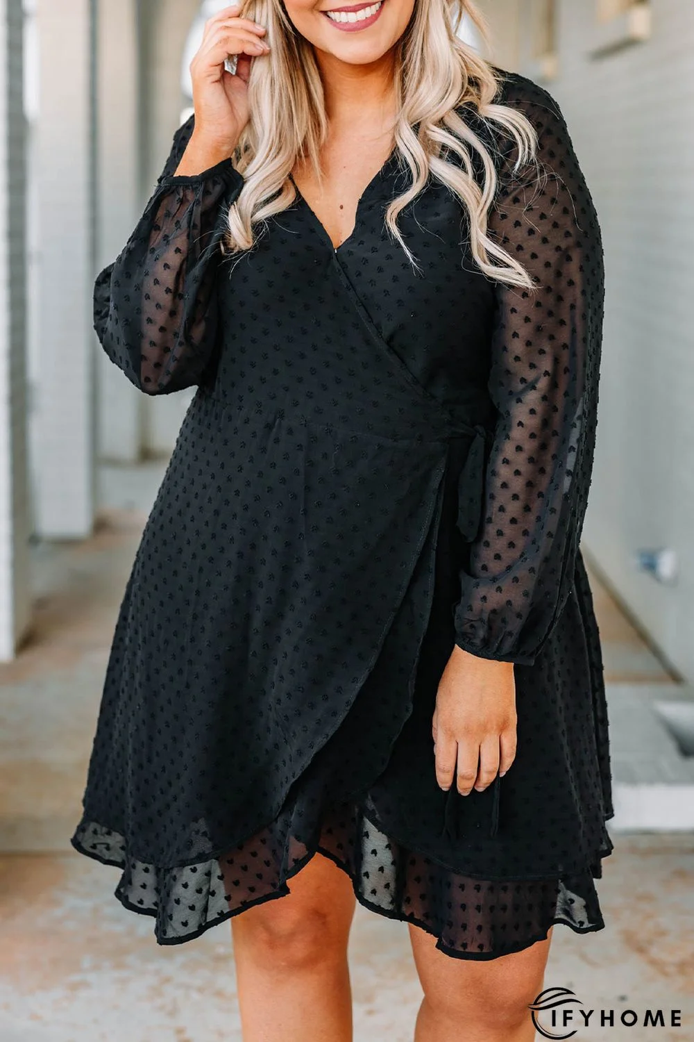 Black Plus Size Swiss Dot V Neck Wrap Long Sleeve Dress | IFYHOME
