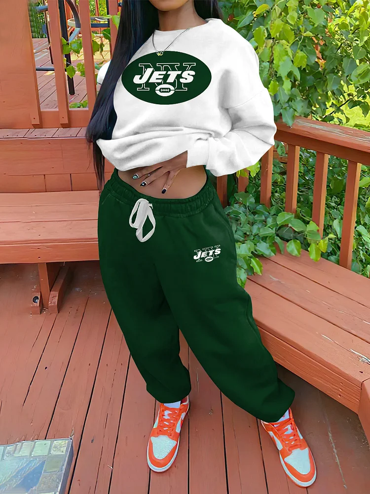 Jets NFL Women's Sports Crew Neck Sweatshirt Sweatpants Two-Piece Set