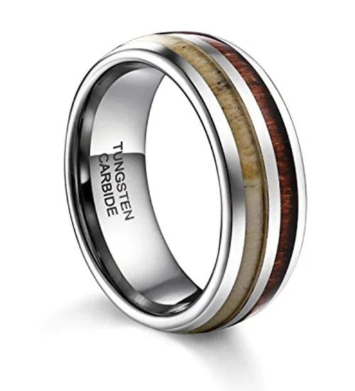 Women's Or Men's Wedding Tungsten Carbide Wedding Band Matching Rings,Antler and Wood Inlay Domed Top Tungsten Carbide Ring With Mens And Womens For Width 4MM 6MM 8MM 10MM