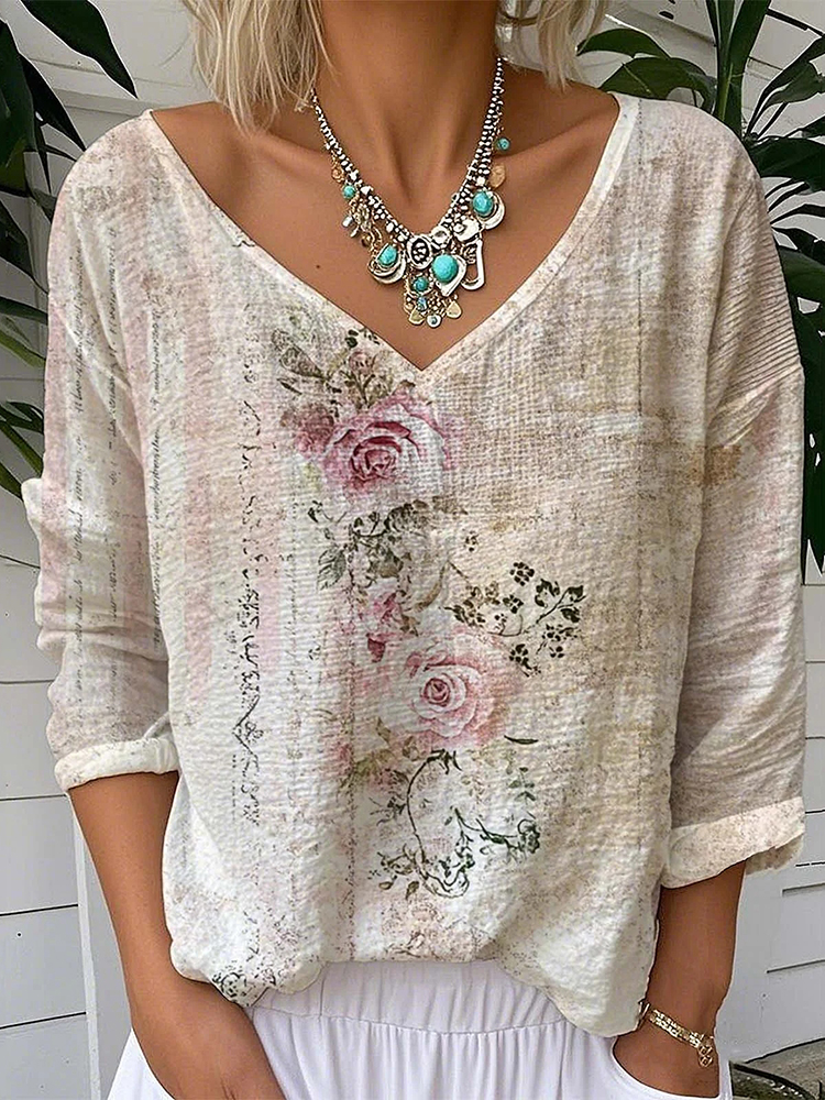 Vintage Floral Print Casual V-neck Denim Loose Shirt main image 1