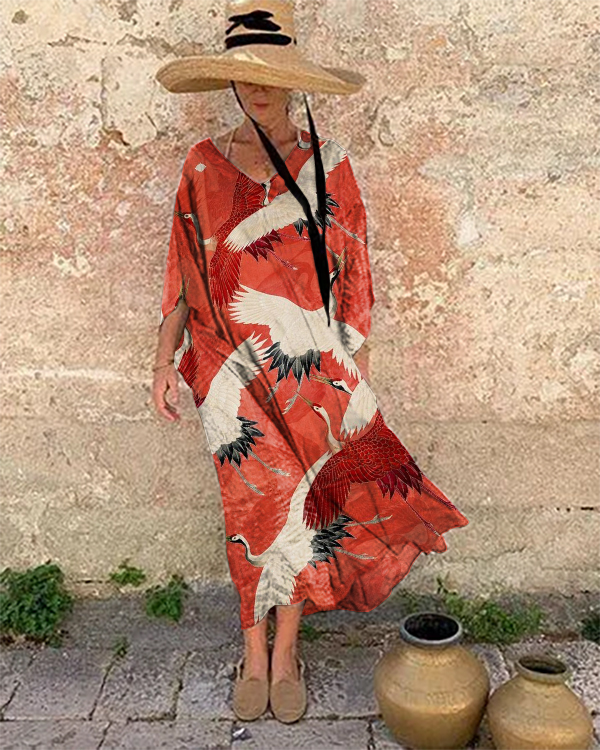 Holiday Crane Print Loose Dress