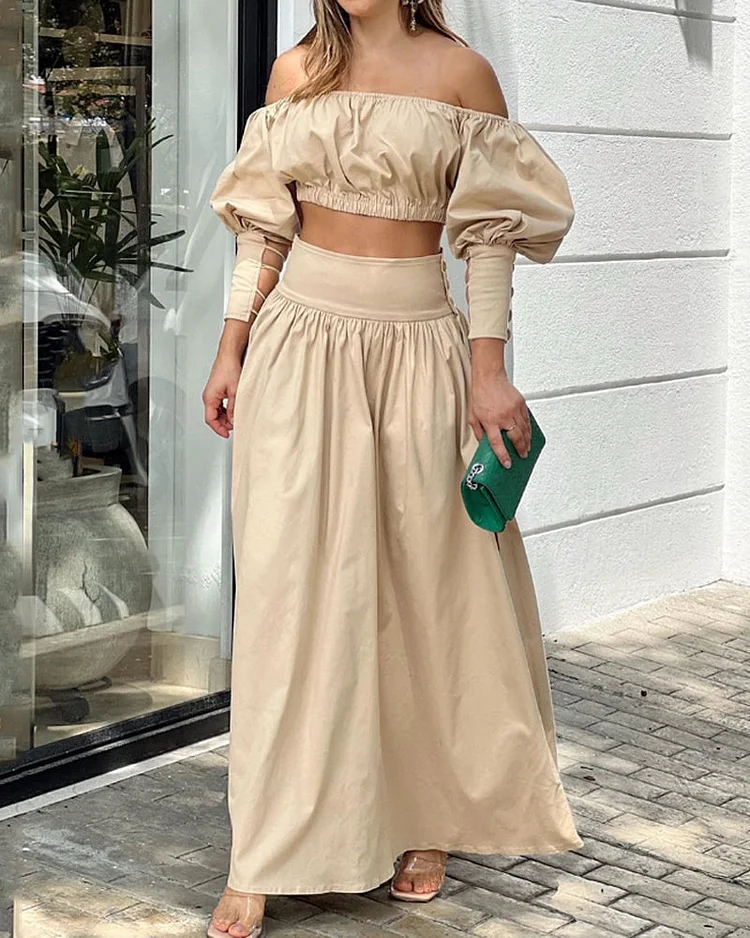 Casual One-Shoulder Top & Slit Skirt Two-Piece Set