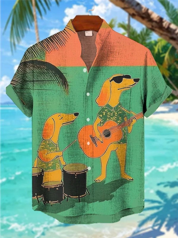 Men's Dog Playing Guitar Print Casual Shirt