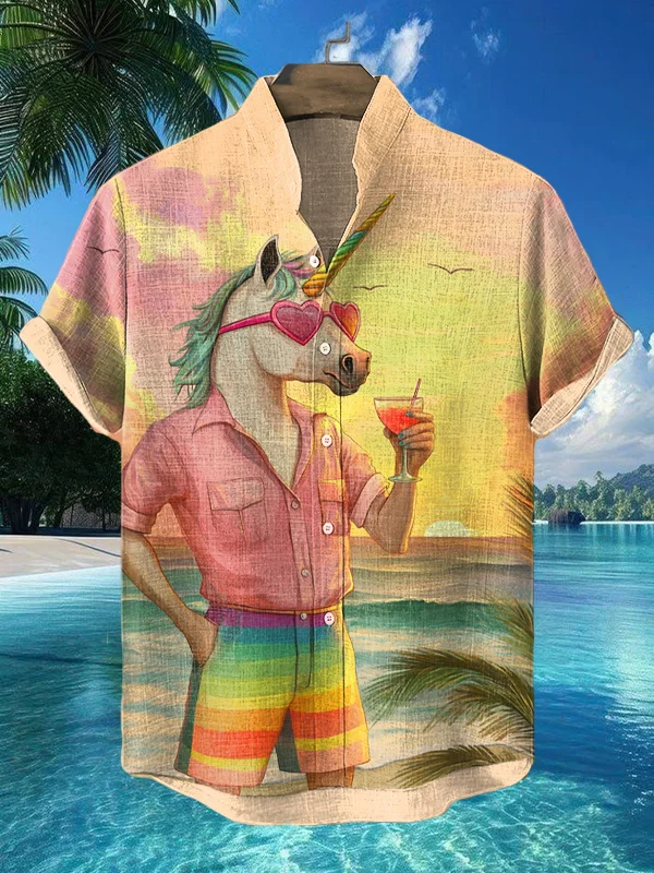 Men's Unicorn Gentleman Wearing A Rainbow Shorts Print Short Sleeve Shirt
