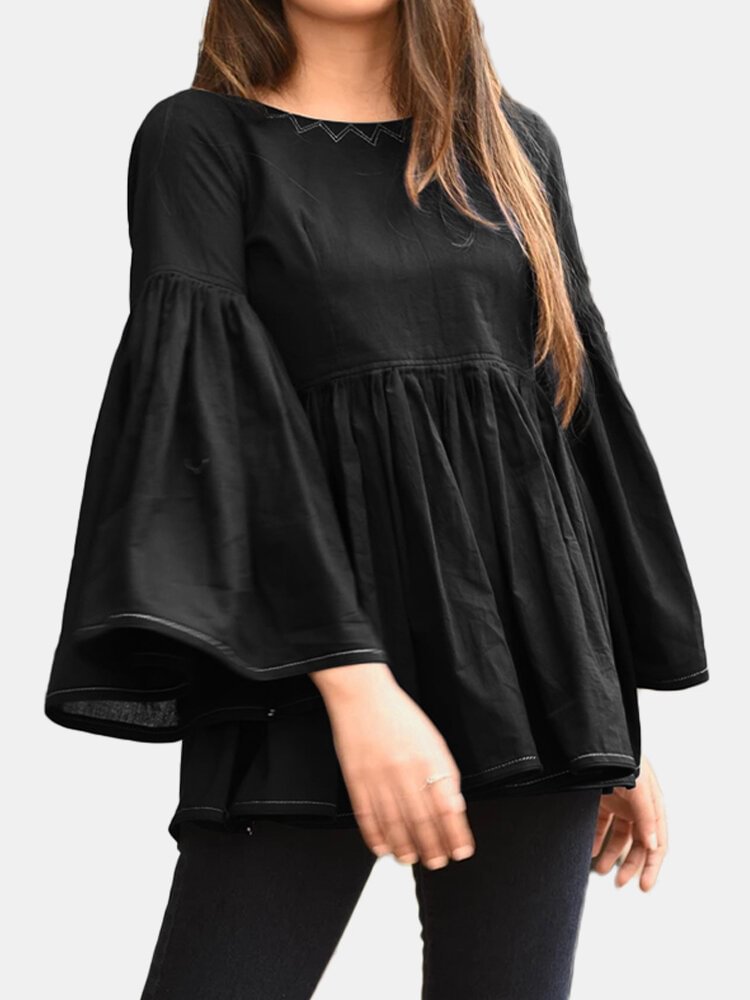 Solid Color O neck Ruffled Long Sleeve Backless Pleated Shirt For Women P1699333
