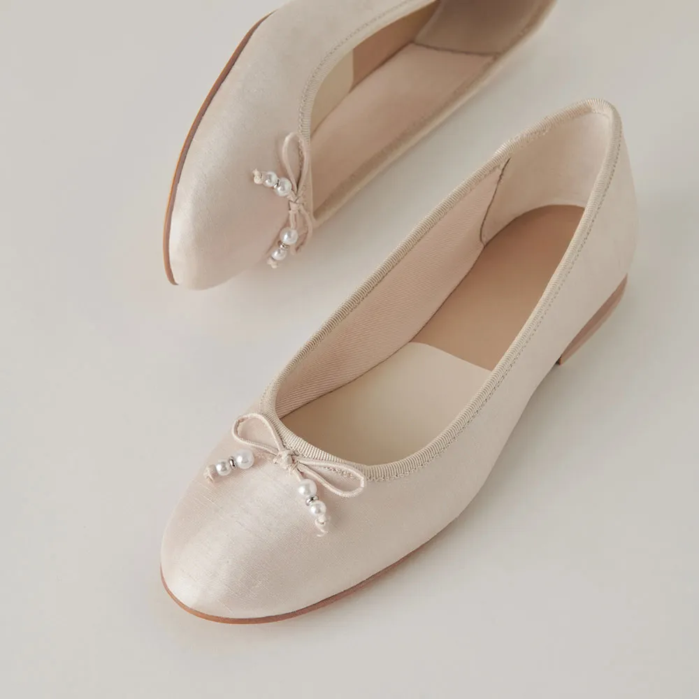 Ivory Satin Round Toe Flat Bow Inlay Comfy Elegant Ballet Shoes
