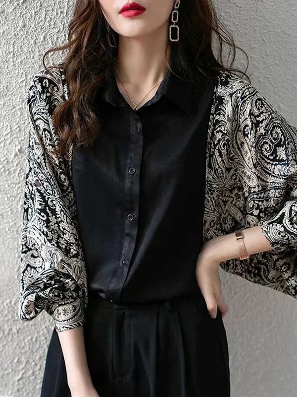 Batwing Sleeves Stamped Split-Joint Lapel Blouses&Shirts Tops