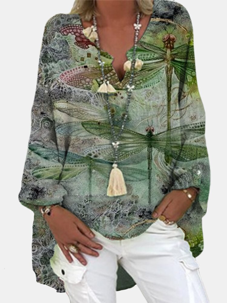 Dragonfly Printed Long Sleeve V neck Blouse For Women P1775938
