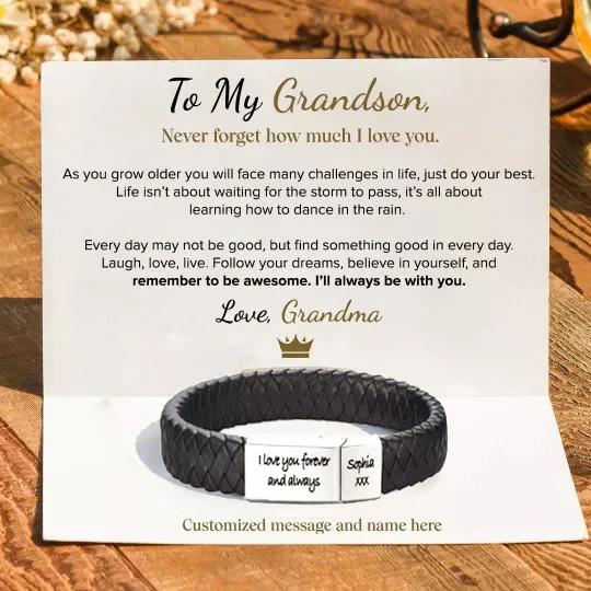 Personalized Braided Leather Bracelet for Grandson "I Will Always Be With You"