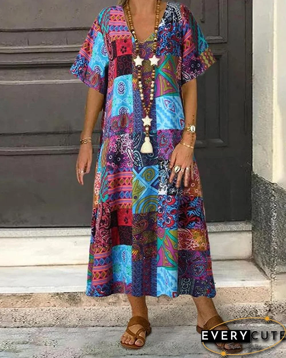 Ethnic Print V-neck Plus Size Vintage Dress