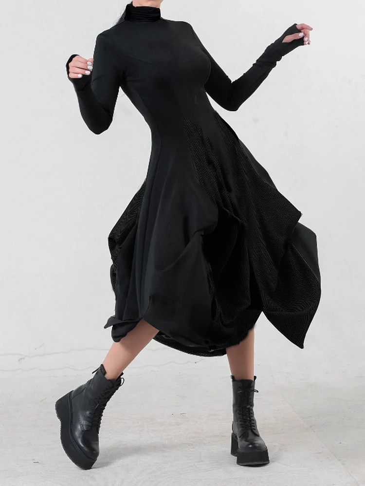 Cowl Neck Petal Hem Long Sleeve Casual Dress