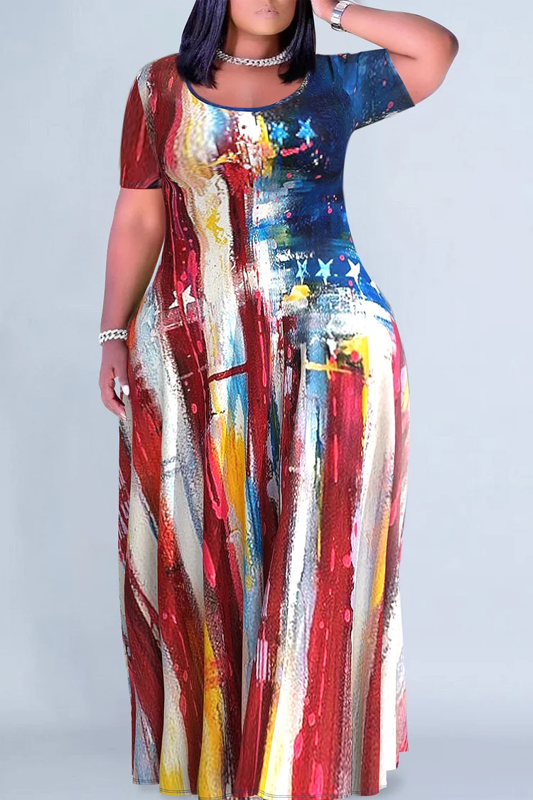 Plus Size Casual Red Tie Dye Print Round Neck Short Sleeve Maxi Dresses