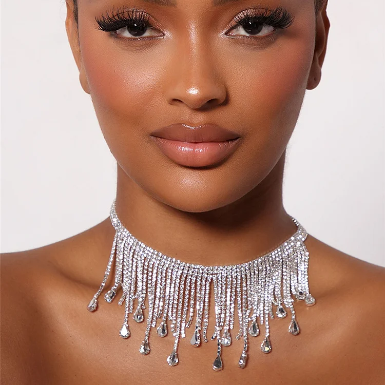 Long Fringe Shiny Rhinestone Necklace-Silver