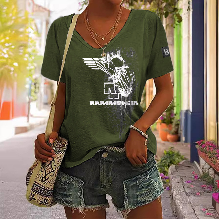 Women's Rammstein Rock Band Skull Print Short Sleeve V-Neck Casual T-Shirt / TECHWEAR CLUB / Techwear
