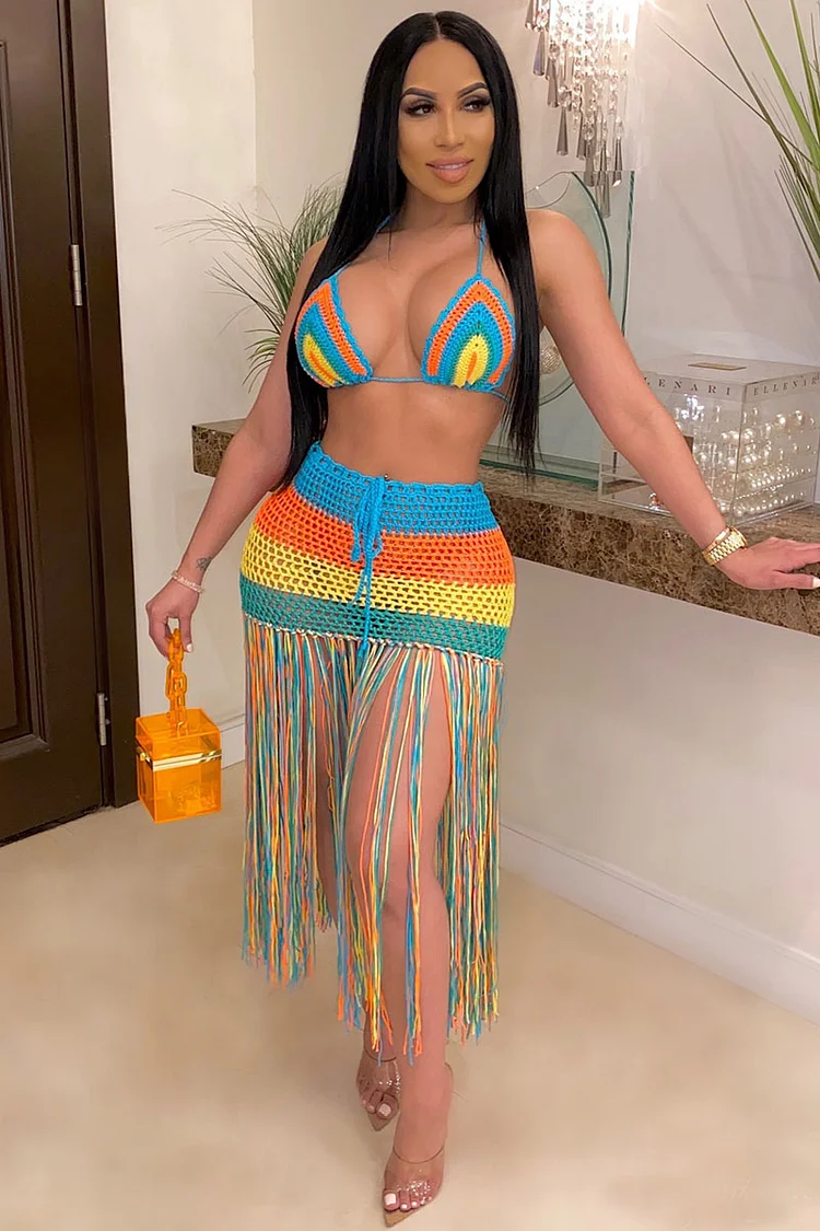 Fringed Crochet Cover Ups Beach Mini Skirt Two Piece Set