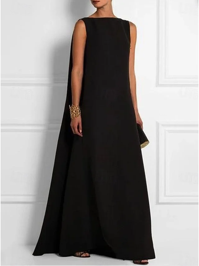 Women's Black Drape Elegant Retro Round Neck Sleeveless Dress socialshop
