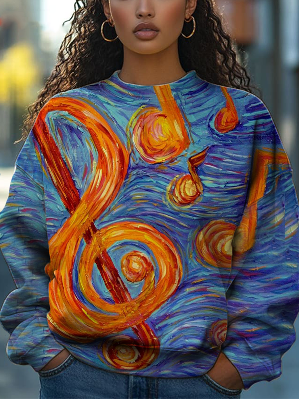Women's Van Gogh Music Notes Art Print Casual Sweatshirt