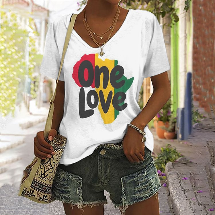 One Love Print Casual V-Neck T-Shirt