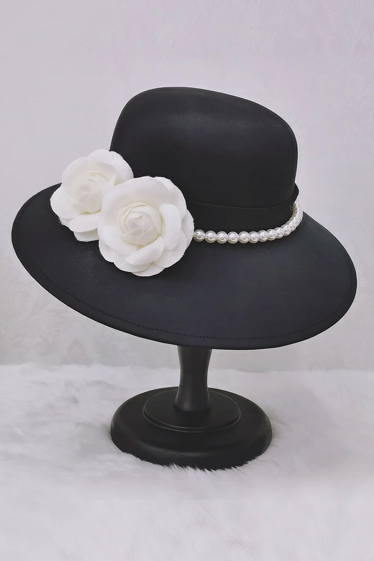 1950s Black Formal Elegant Satin Double Tweed Flowers Imitation Pearl Hats