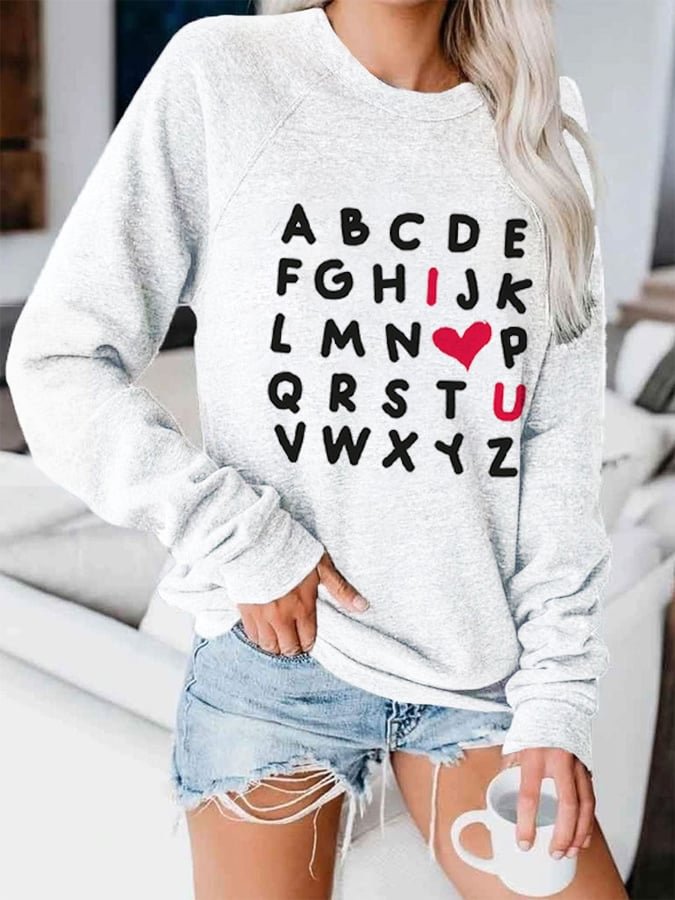 Women's Casual Valentine's Day I Love U Print Round Neck Sweater socialshop