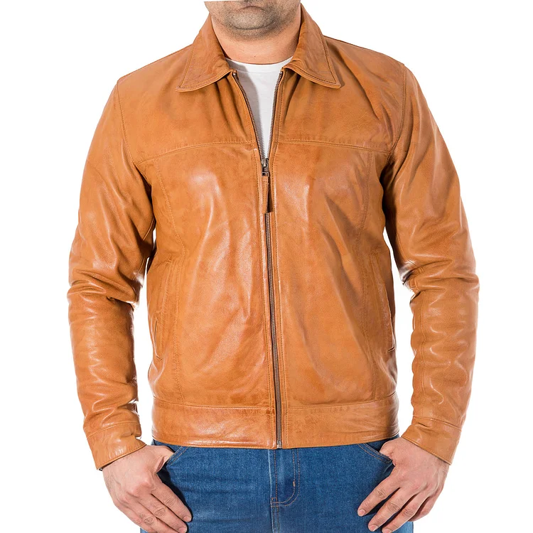 Men's Leather Shirt Collar Harrington Bomber Jacket - Geo