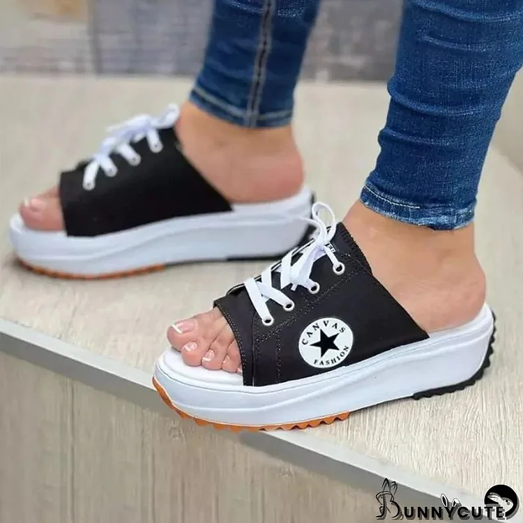 Summer fish mouth canvas breathable casual women's shoes thick-soled lace-up sandals slippers women's outdoor shoes