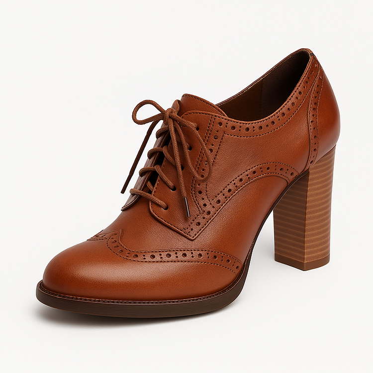 Brown Round Toe Block Heel Lace-up Shoes Vdcoo