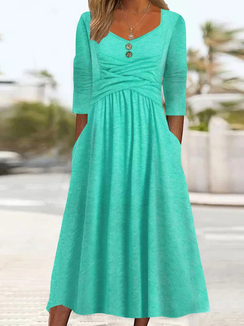 Women's Long Sleeve V-neck Cross Design Pockets Midi Dress