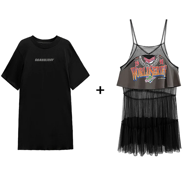 Personalized Short Sleeved T-shirt and Suspender Mesh Dress Suits