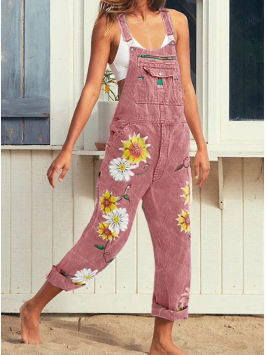 Casual Sunflower Printed Jeans Jumpsuit