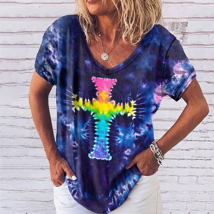 VChics Casual Tie Dye Cross Print T-Shirt