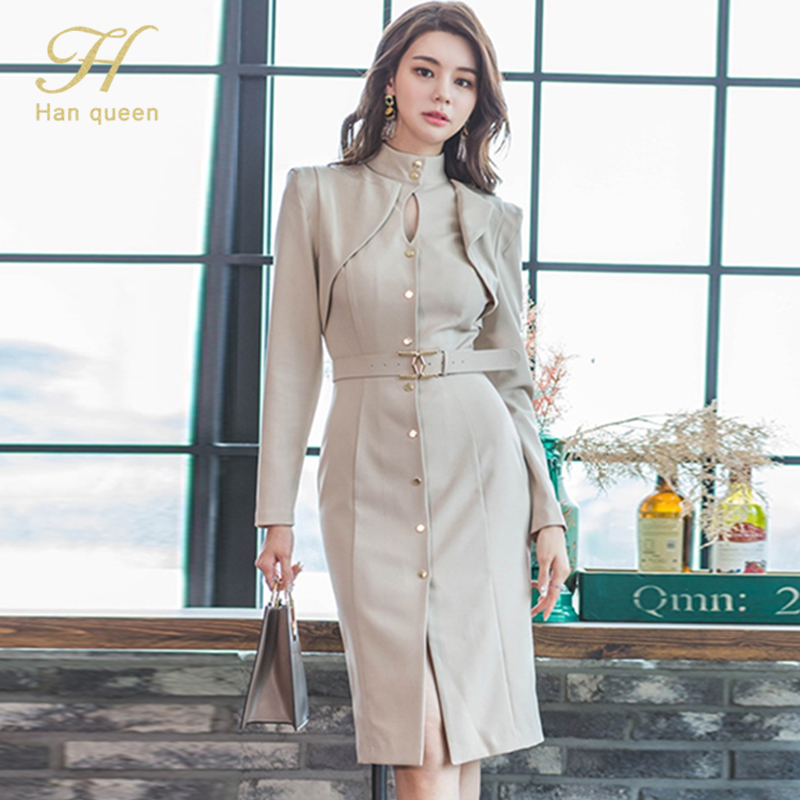 H Han Queen Elegant Office Pencil Dress Women Korean Slim Single-breasted Sheath Dresses Business Work Bodycon Vestidos Autum