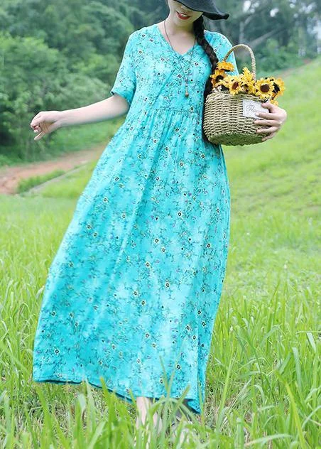 Organic v neck linen dress Sleeve light blue prints Dress summer