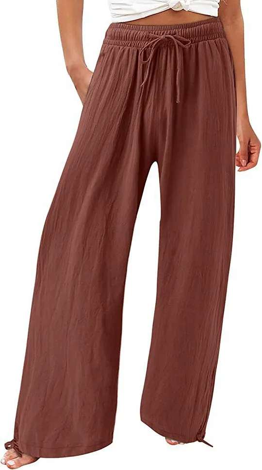 Summer Casual Loose Beach Pants Women's Wide Leg Pure Color Rope Detailing Long Trousers Comfortable Loose Fit Beachwear