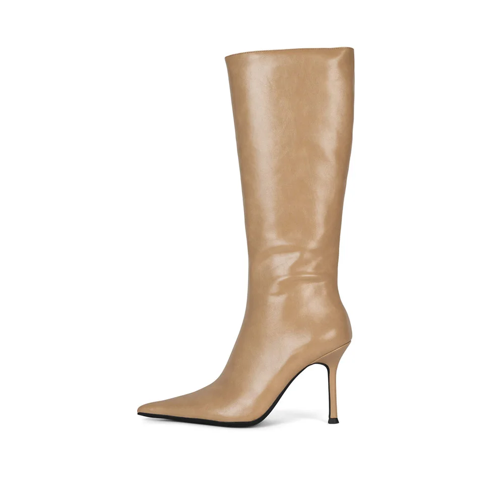 Brown Pointed Toe Wide Calf Knee High Boots with Chunky Heels Nicepairs