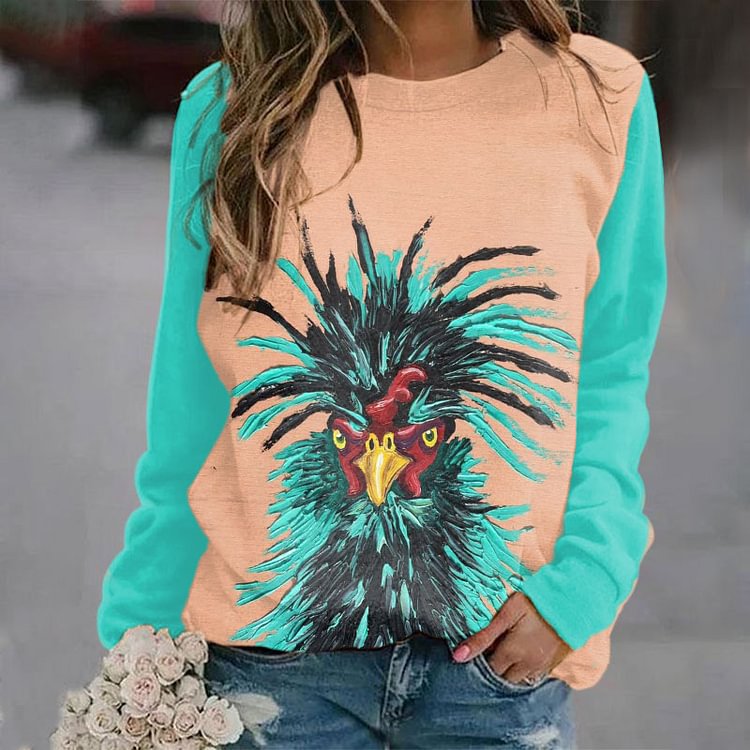 Vefave Long Sleeve Contrast Chicken Print Sweatshirt