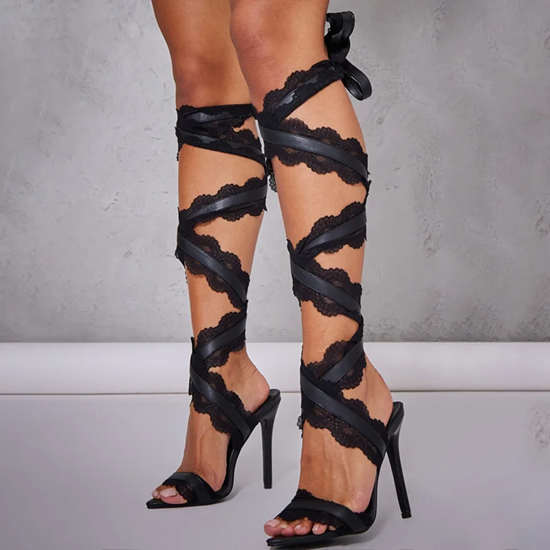 Black Vegan Leather Open Toe Stiletto Heel Gladiator Sandals Nicepairs