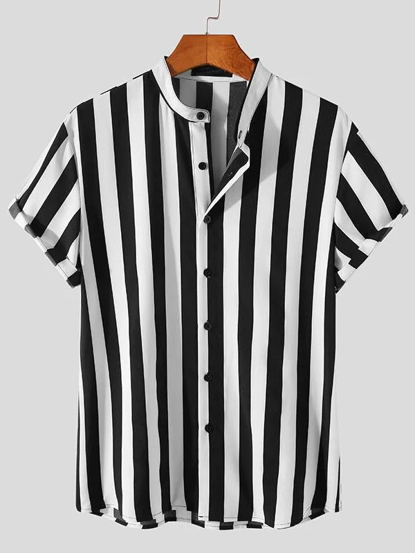 Men's Everyday Casual Striped Stand Collar Short Sleeve Shirt socialshop