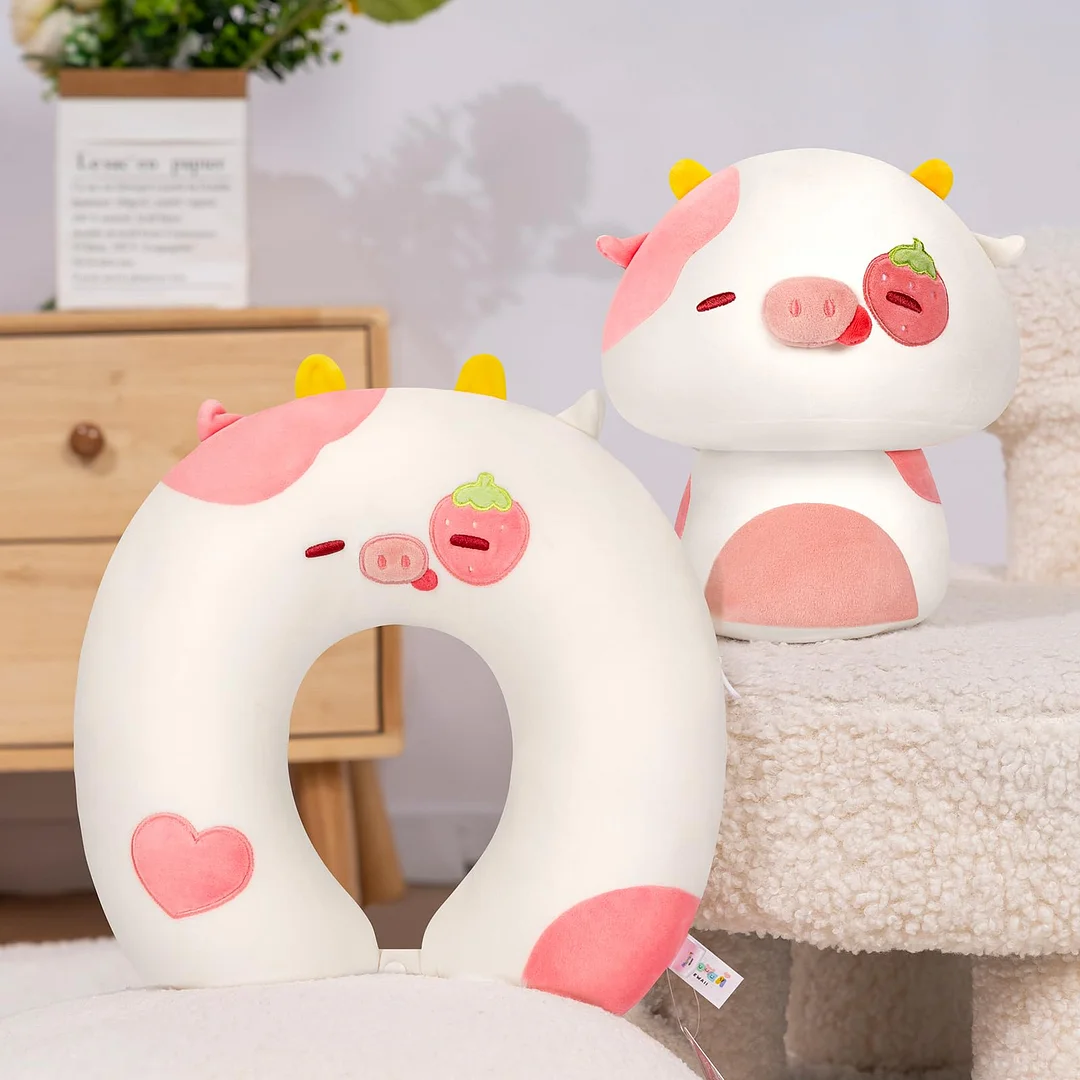 MeWaii® Neck Pillow Reversible Plush Cute Strawberry Cow Stuffed Animal Squishy 13 inch Travel Pillow