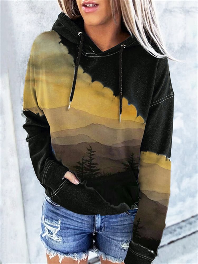 Vefave Mountains Landscape Watercolor Tie Dye Hoodie