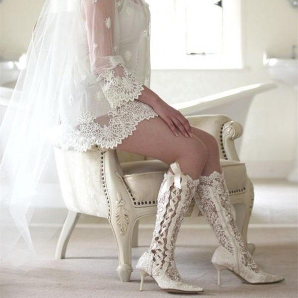 White Lace Bridal Shoes Pointy Toe Side Lace up Knee Boots for Wedding |FSJ Shoes
