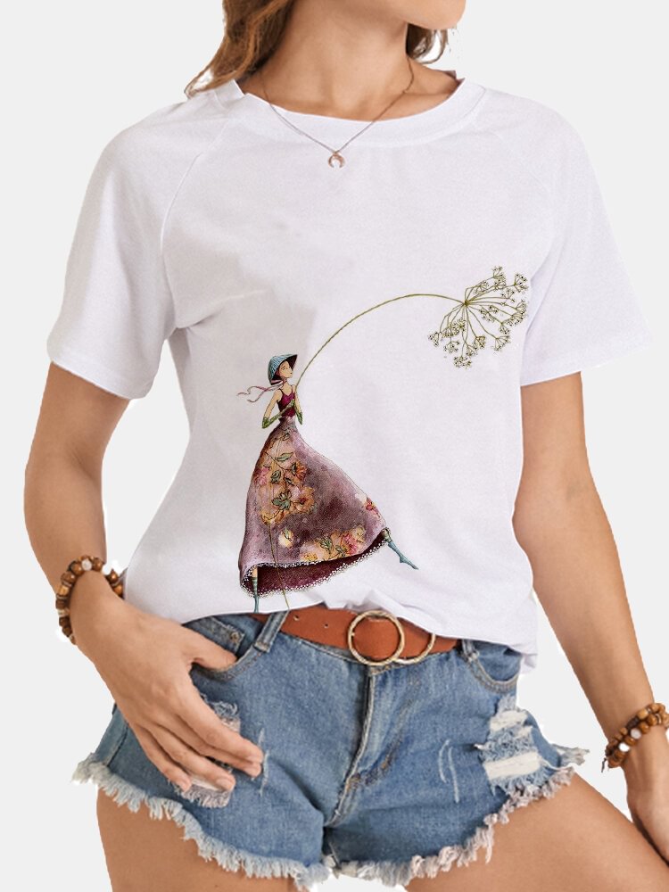 Calico Cartoon Print O neck Short Sleeve Women Casual T Shirt P1846389