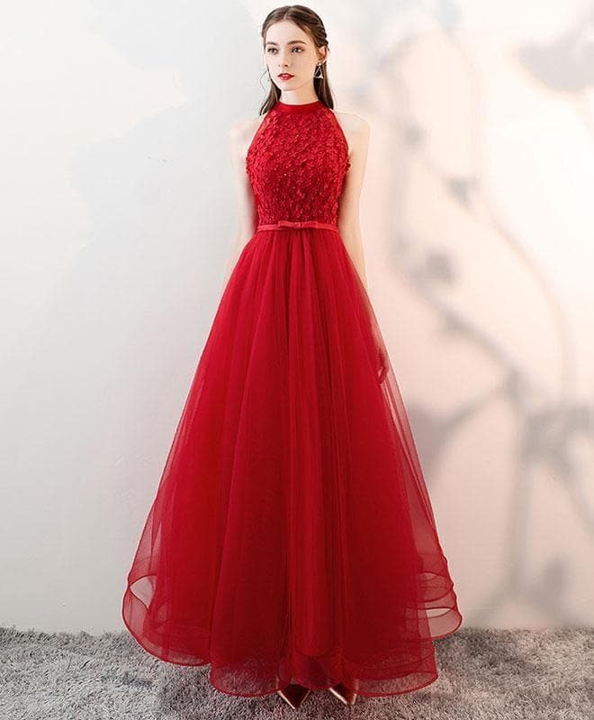 Red V Neck Tulle Long Prom Dress, Red Evening Dress