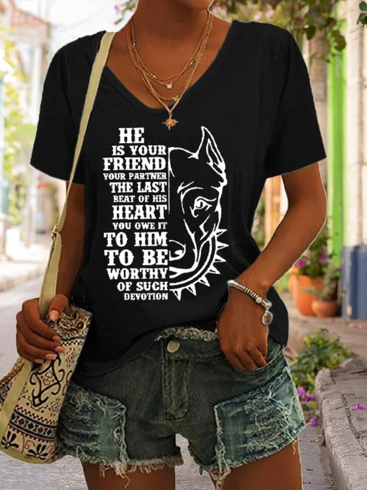 Vefave He Is Your Friend Print V Neck Casual T Shirt