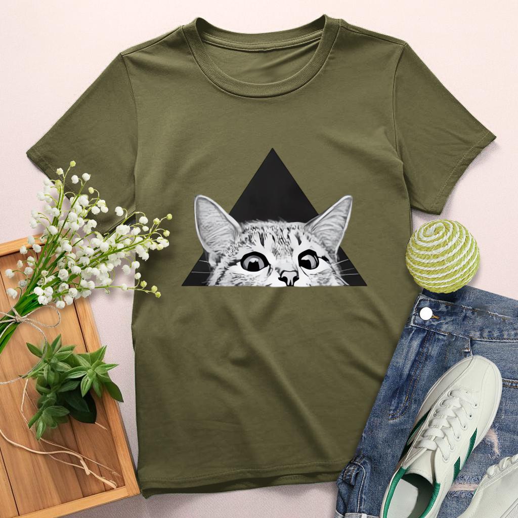 Peeping Cat Round Neck T-shirt-0025159-Guru-buzz