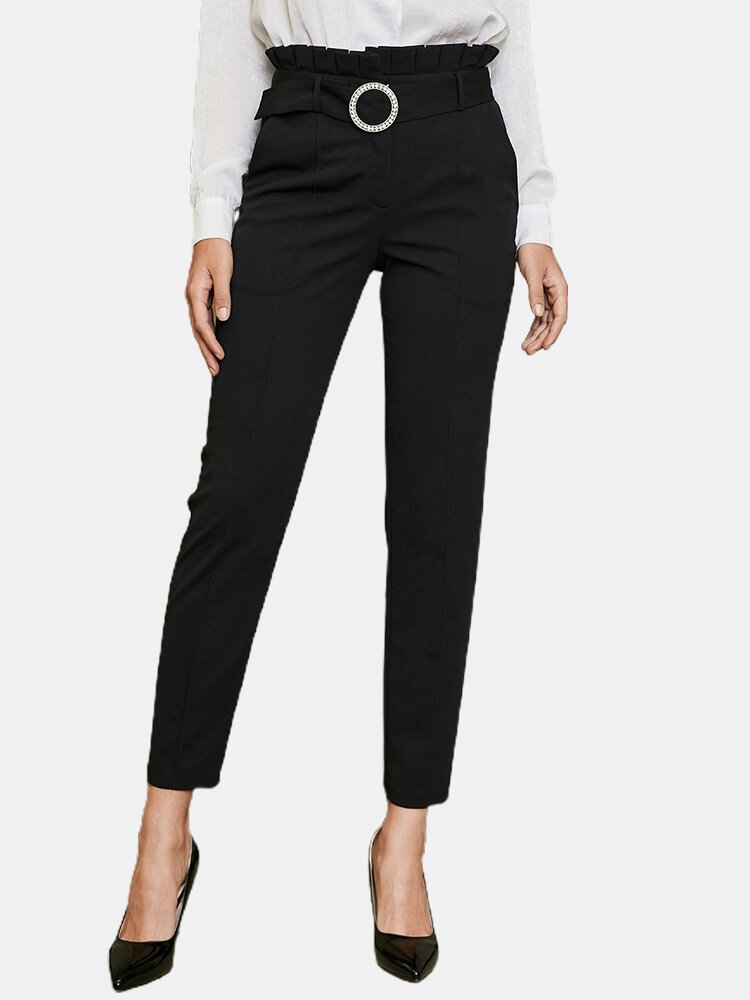 Solid Color Waistband Pocket Tight Long Casual Pants for Women