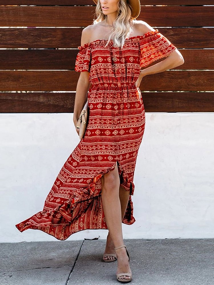 Shoulder Printed Slit Ruffle Maxi Dress P14790
