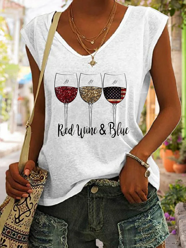 🔥Buy 3 Get 10% Off🔥Women's Red Wine Blue Wine Glass Flag Print Sleeveless T-Shirt