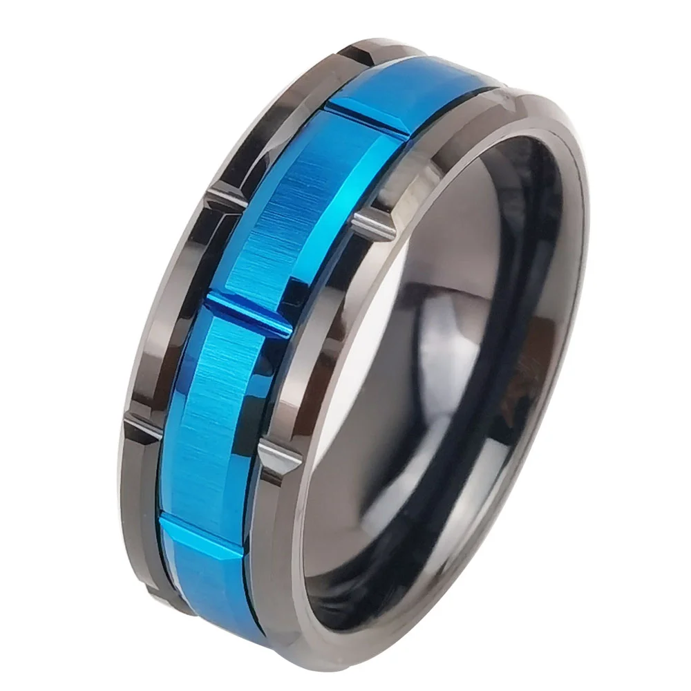 Tungsten Carbide Rings Irregular Groove Blue Middle Black Couple Bands Womens Or Mens